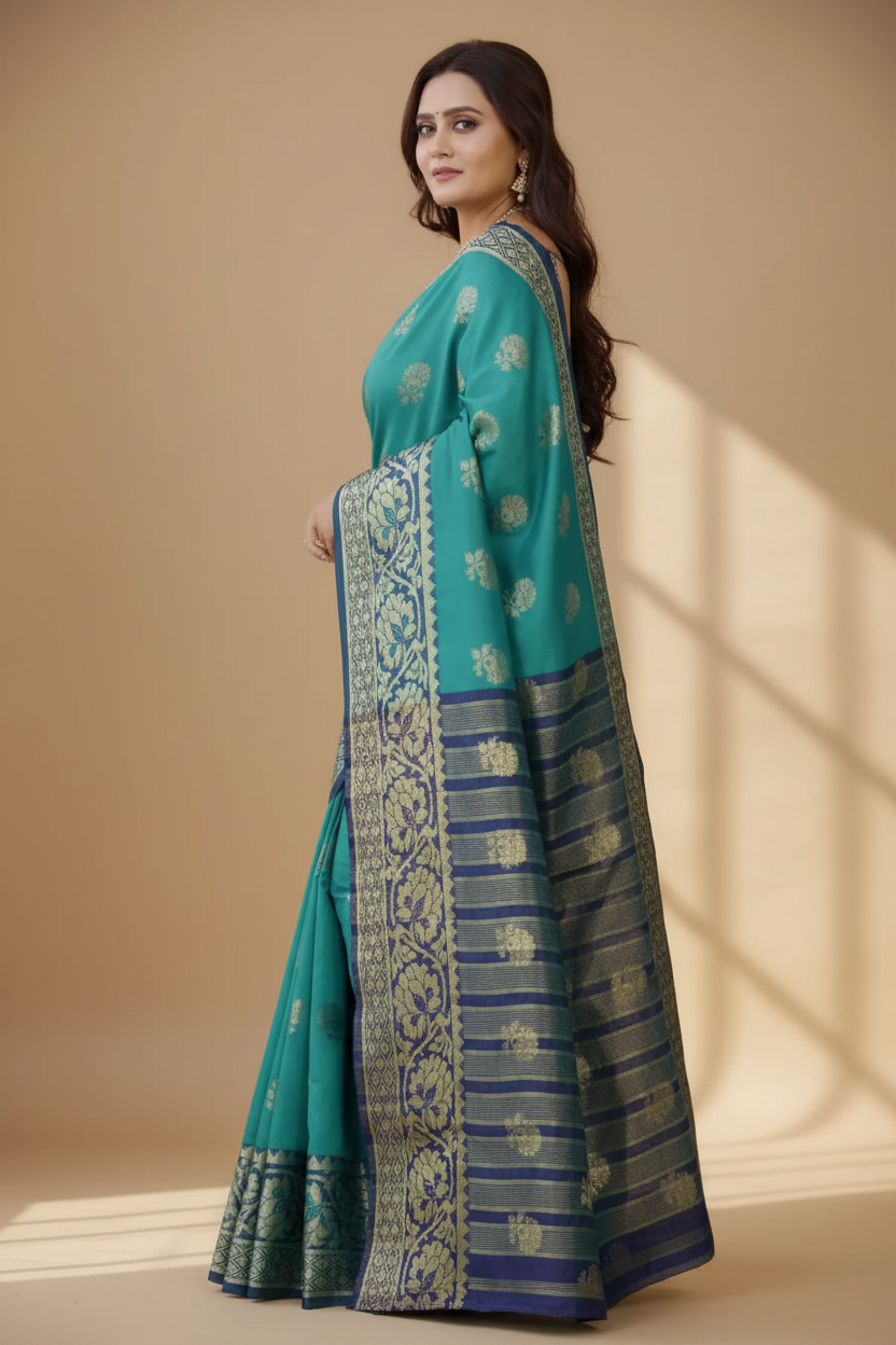 Snuggle Spot Women's Silk Blend Woven Saree With Unstitched Blouse 5.5Mtr (Dark Blue-Green)