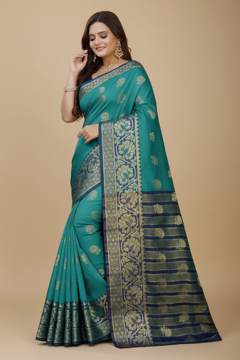 Snuggle Spot Women's Silk Blend Woven Saree With Unstitched Blouse 5.5Mtr (Dark Blue-Green)