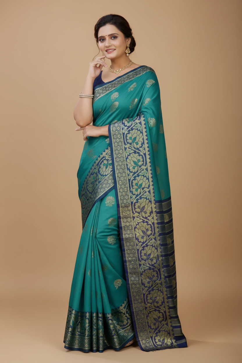 Snuggle Spot Women's Silk Blend Woven Saree With Unstitched Blouse 5.5Mtr (Dark Blue-Green)