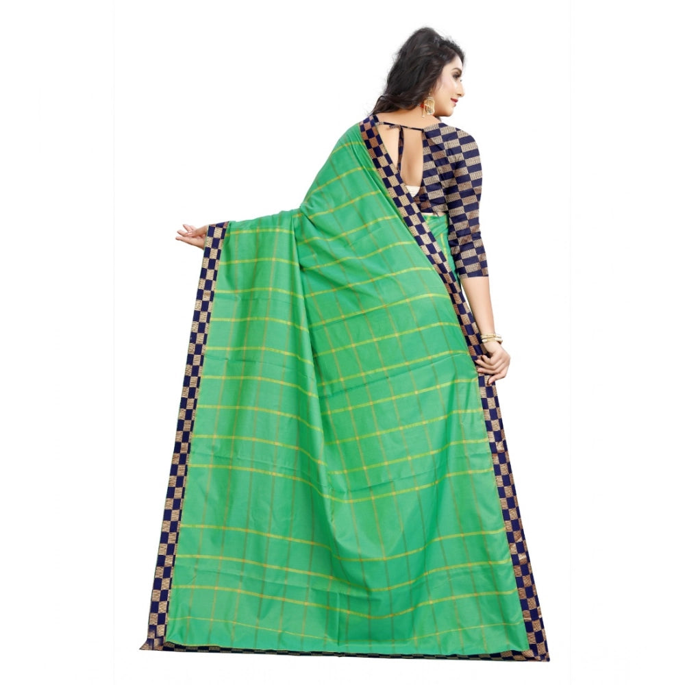 Snuggle Spot Women's Cotton Silk Checkered Saree With Unstitched Blouse 5.5Mtr (Green)