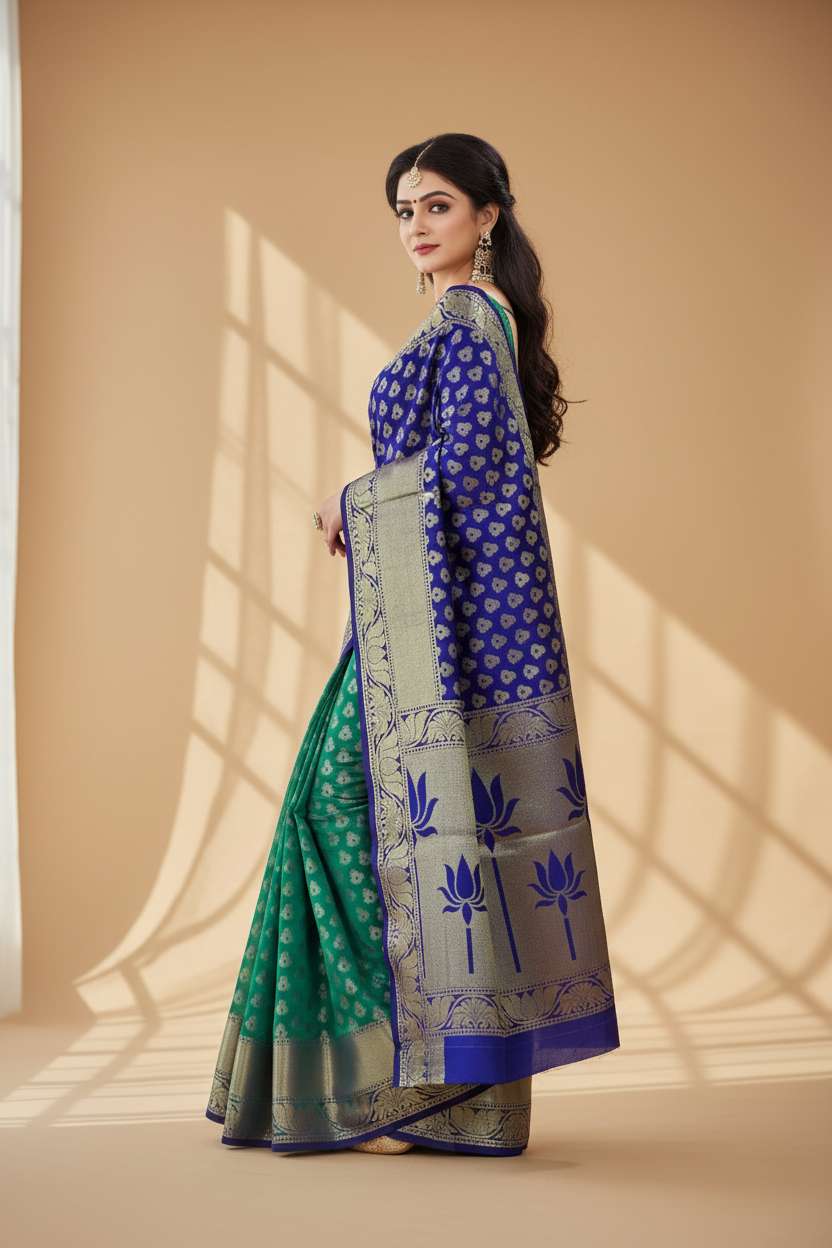 Snuggle Spot Women's Jacquard Woven Saree With Unstitched Blouse 5.5Mtr (Green)