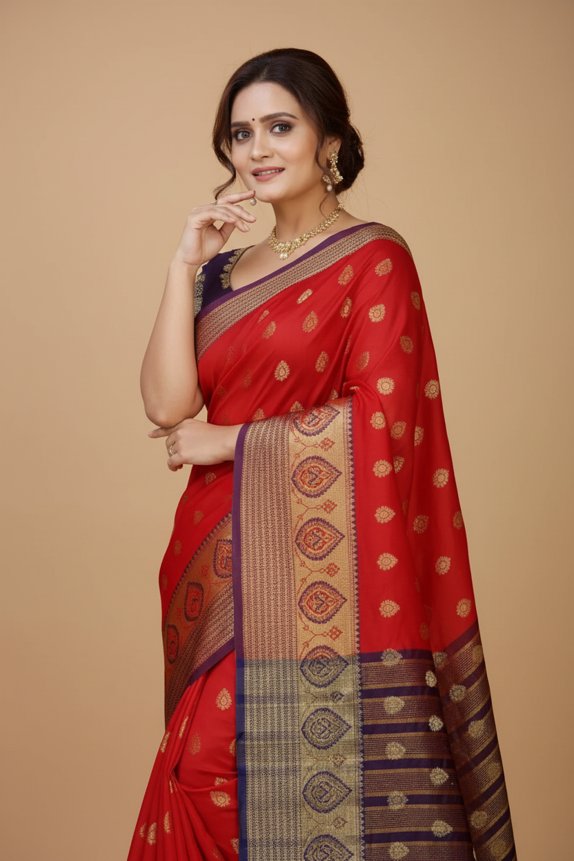 Snuggle Spot Women's Silk Blend Woven Saree With Unstitched Blouse 5.5Mtr (Purple-Red)