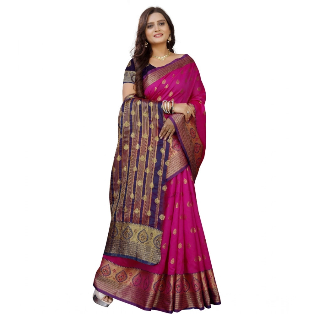 Snuggle Spot Women's Silk Blend Woven Saree With Unstitched Blouse 5.5Mtr (Purple-Pink)