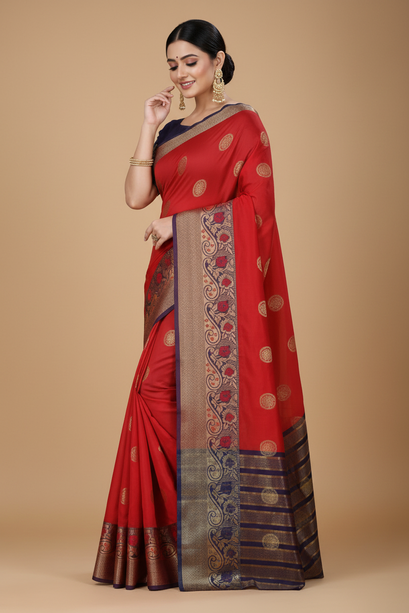 Snuggle Spot Women's Silk Blend Woven Saree With Unstitched Blouse 5.5Mtr (Red-Blue)