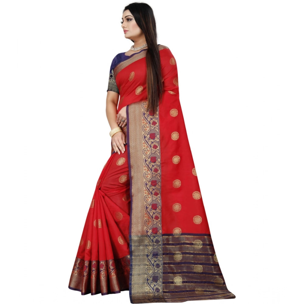 Snuggle Spot Women's Silk Blend Woven Saree With Unstitched Blouse 5.5Mtr (Red-Blue)