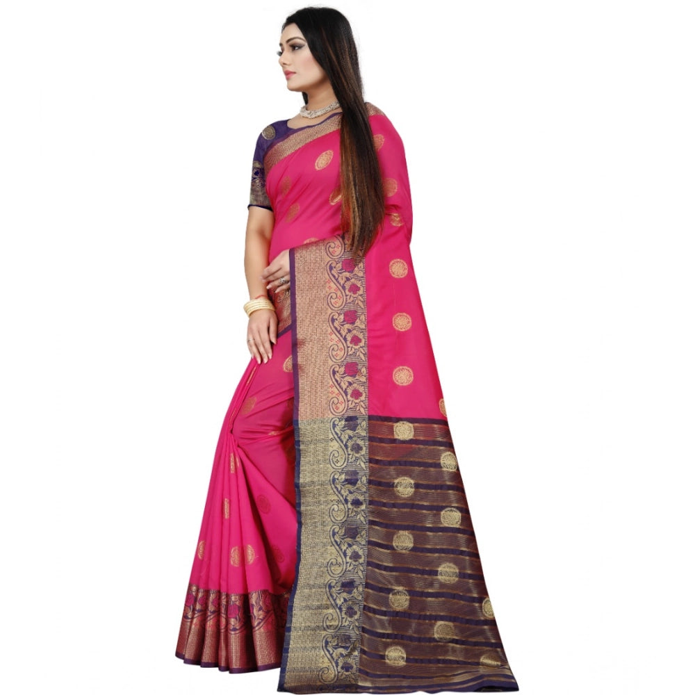 Snuggle Spot Women's Silk Blend Woven Saree With Unstitched Blouse 5.5Mtr (Blue-Pink)