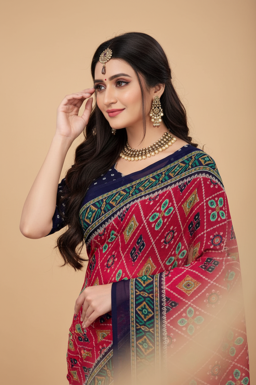 Snuggle Spot Women's Georgette Floral Print Saree With Unstitched Blouse 5.5Mtr (Pink)