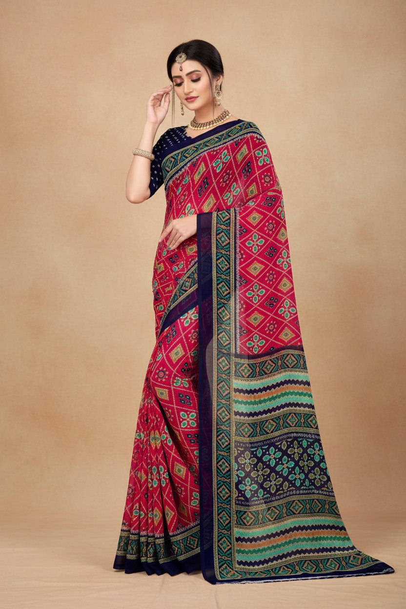 Snuggle Spot Women's Georgette Floral Print Saree With Unstitched Blouse 5.5Mtr (Pink)