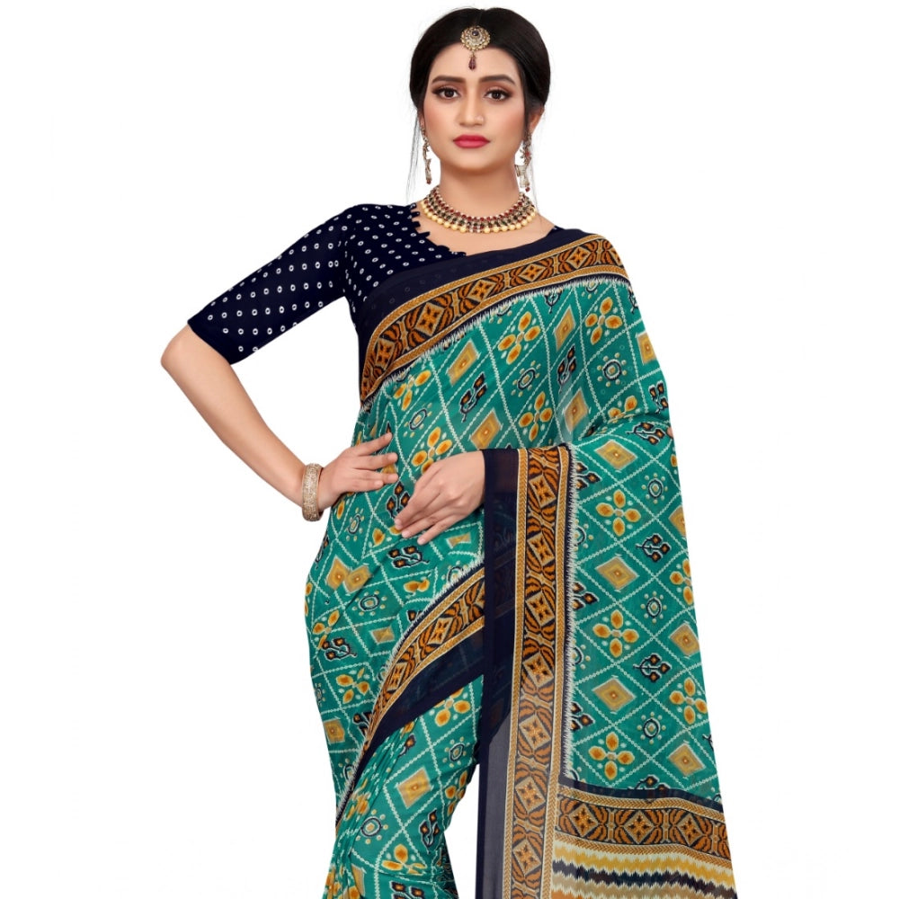 Snuggle Spot Women's Georgette Floral Print Saree With Unstitched Blouse 5.5Mtr (Dark Green)