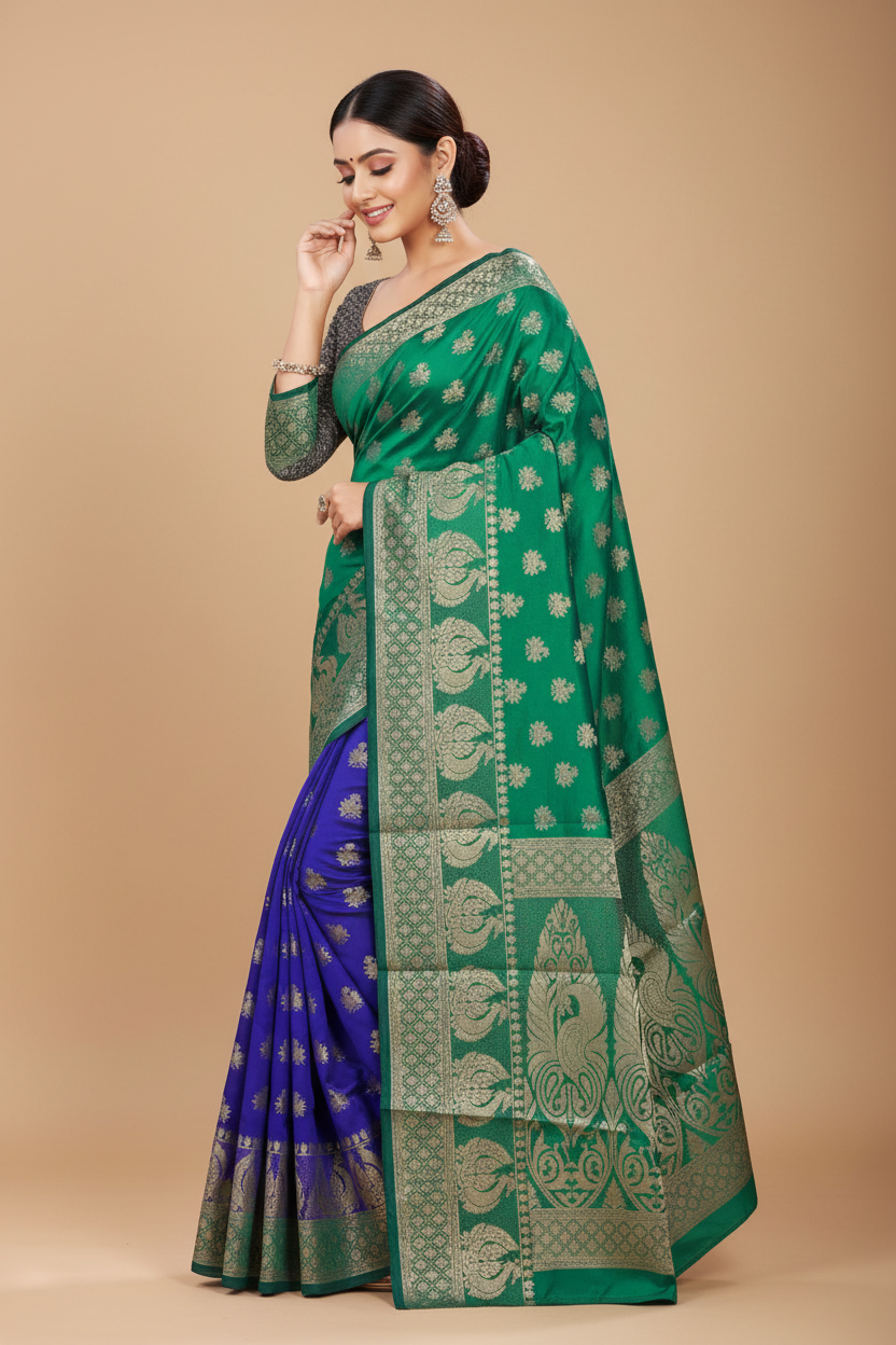 Snuggle Spot Women's Jacquard Woven Saree With Unstitched Blouse 5.5Mtr (Green)