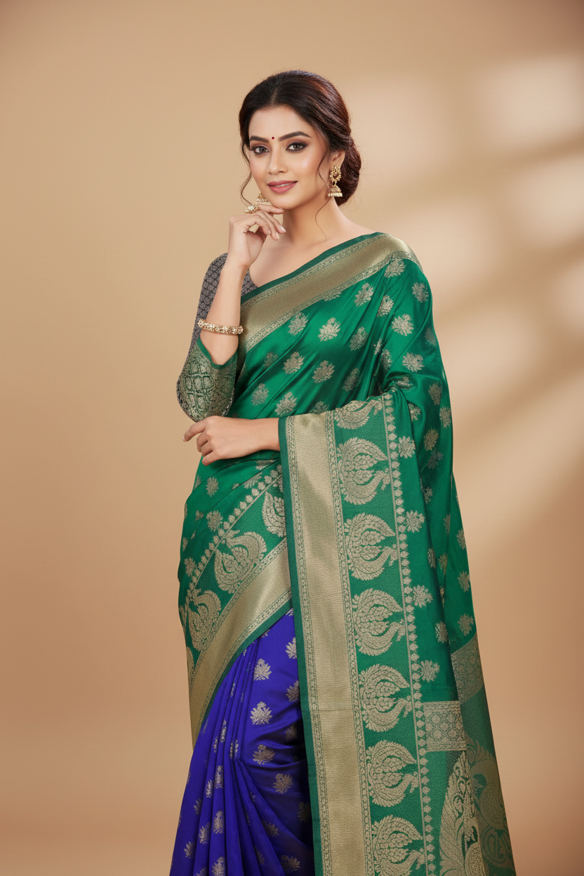 Snuggle Spot Women's Jacquard Woven Saree With Unstitched Blouse 5.5Mtr (Green)