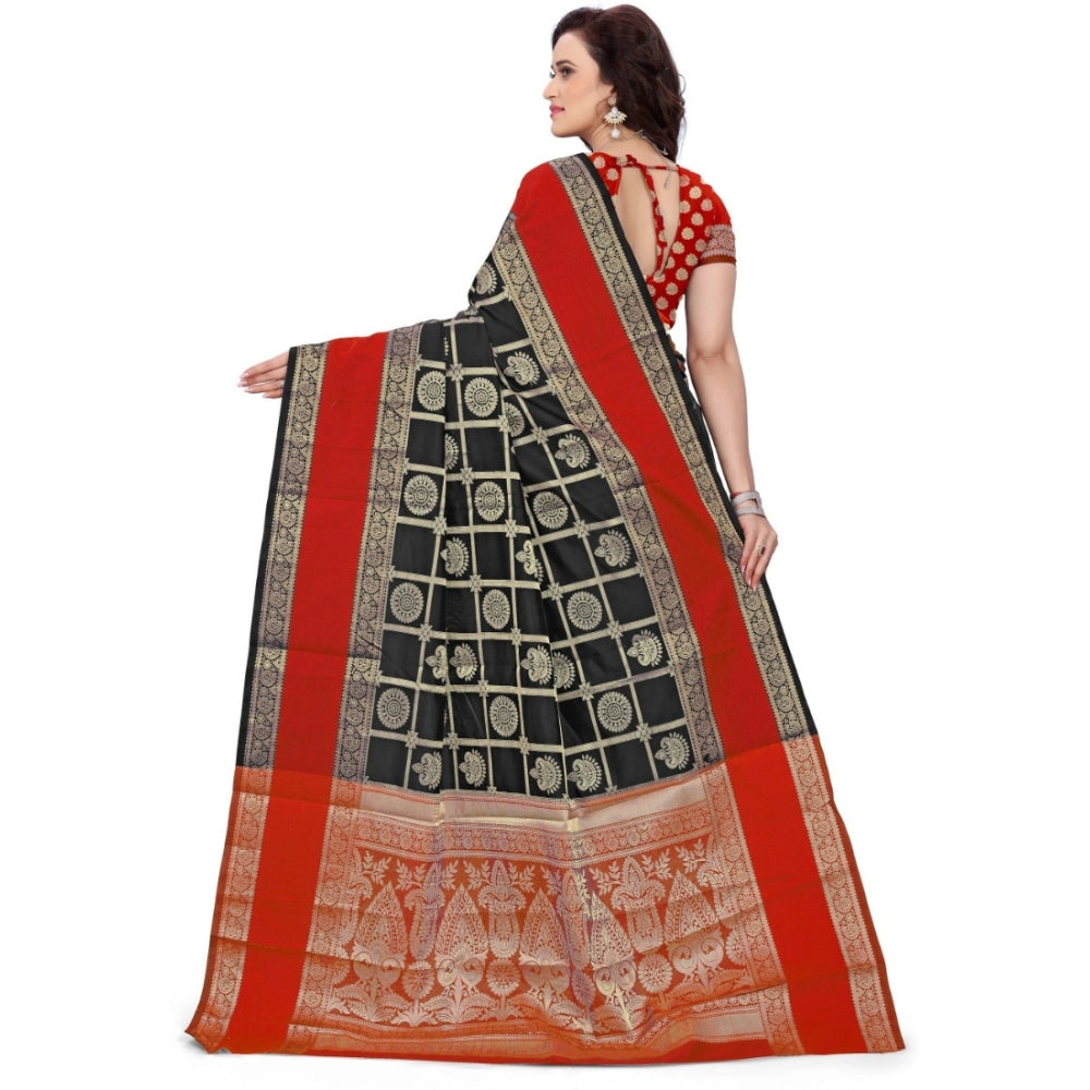 Snuggle Spot Women's Jacquard Woven Saree With Unstitched Blouse 5.5Mtr (Red-Black)