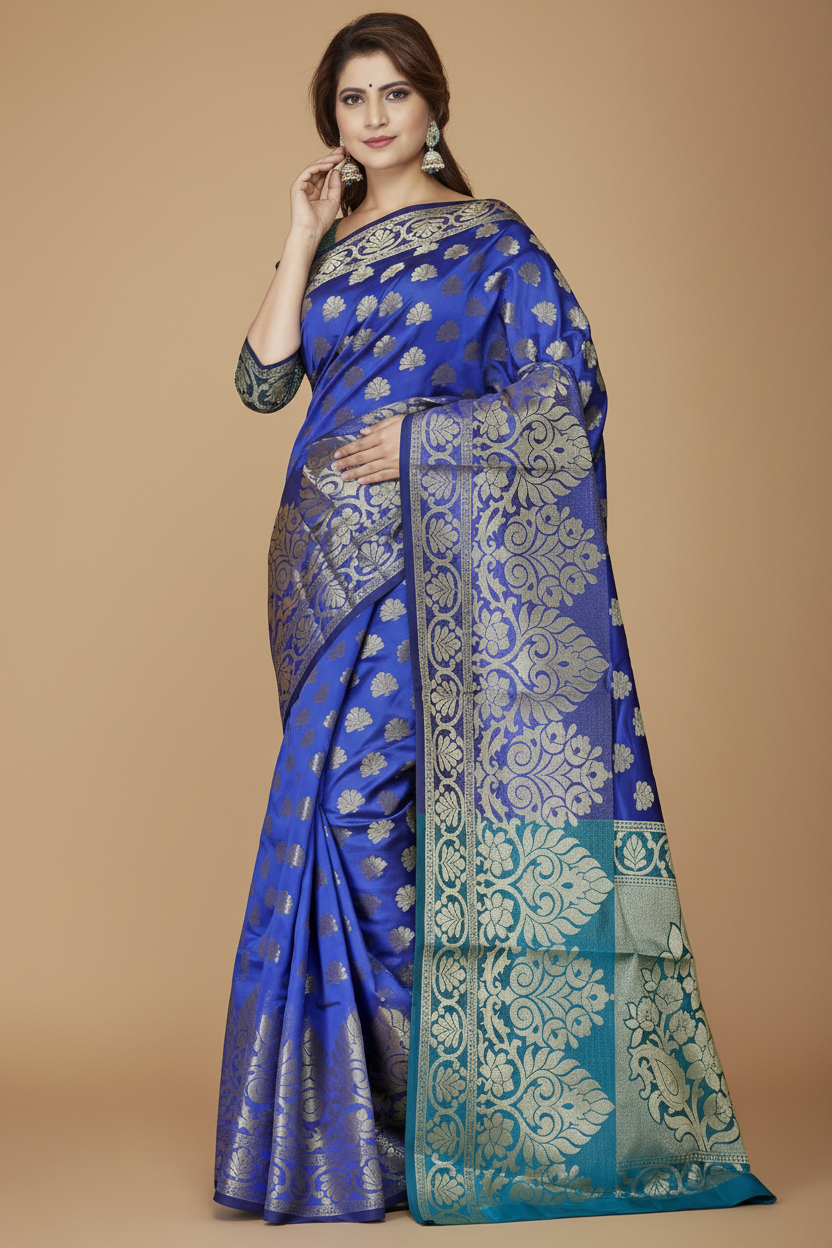 Snuggle Spot Women's Jacquard Woven Saree With Unstitched Blouse 5.5Mtr (Dark Blue)