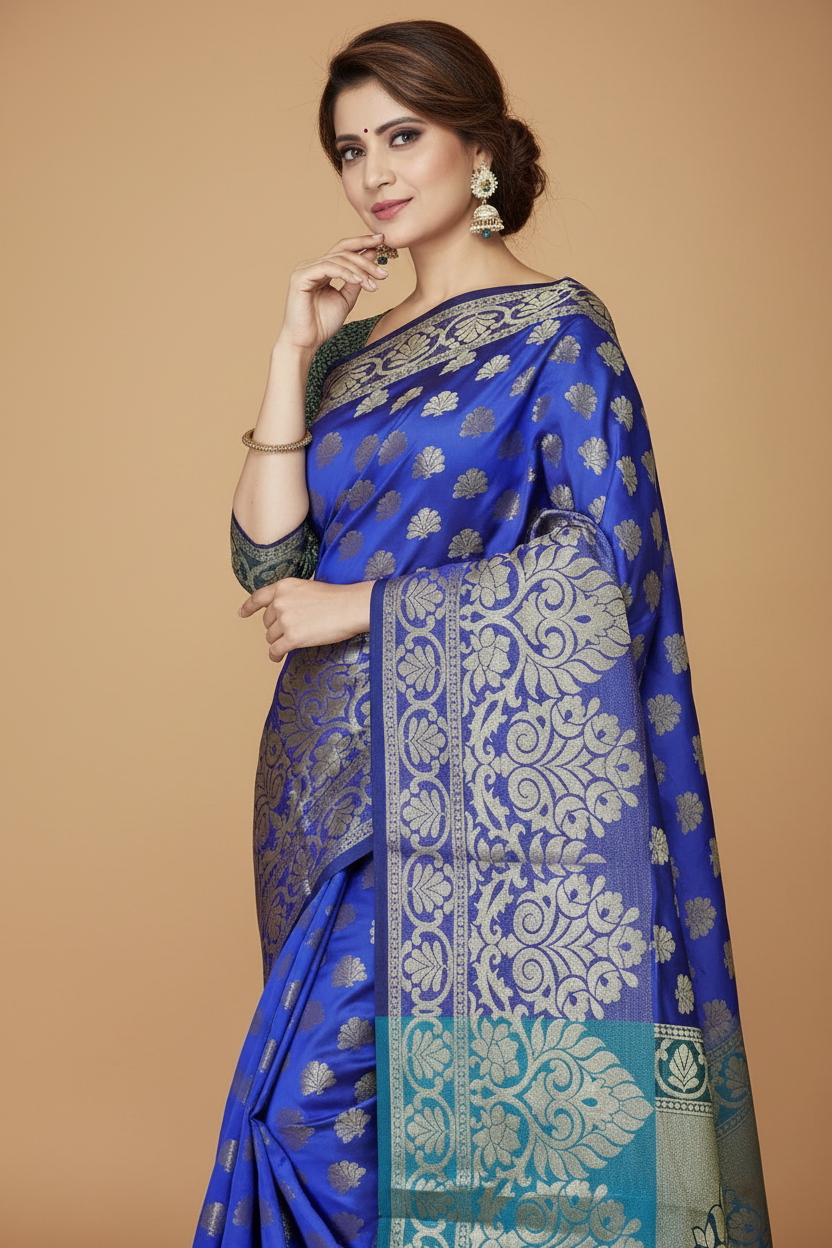 Snuggle Spot Women's Jacquard Woven Saree With Unstitched Blouse 5.5Mtr (Dark Blue)