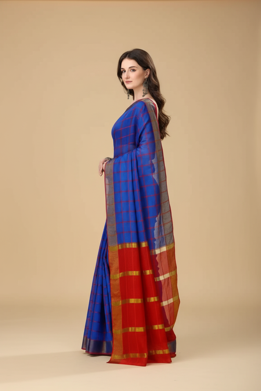 Snuggle Spot Women's Cotton Silk Checkered Saree With Unstitched Blouse 5.5Mtr (Blue)