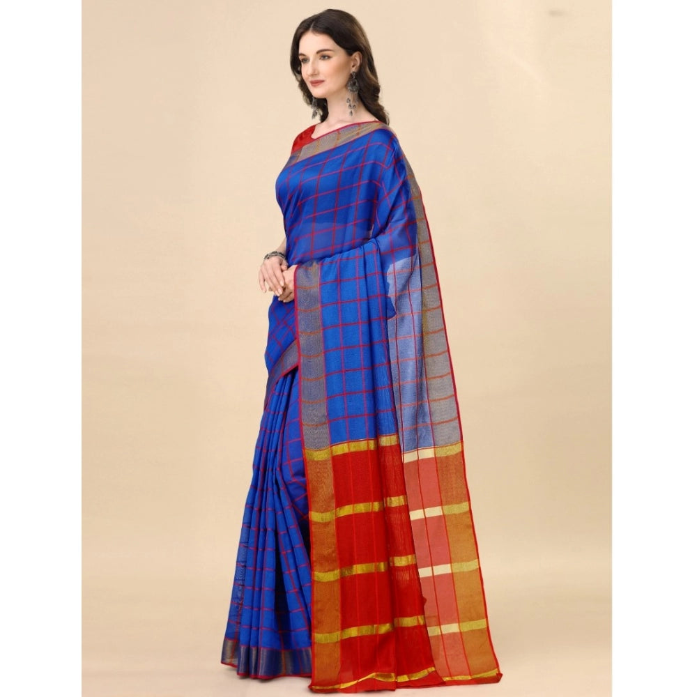 Snuggle Spot Women's Cotton Silk Checkered Saree With Unstitched Blouse 5.5Mtr (Blue)