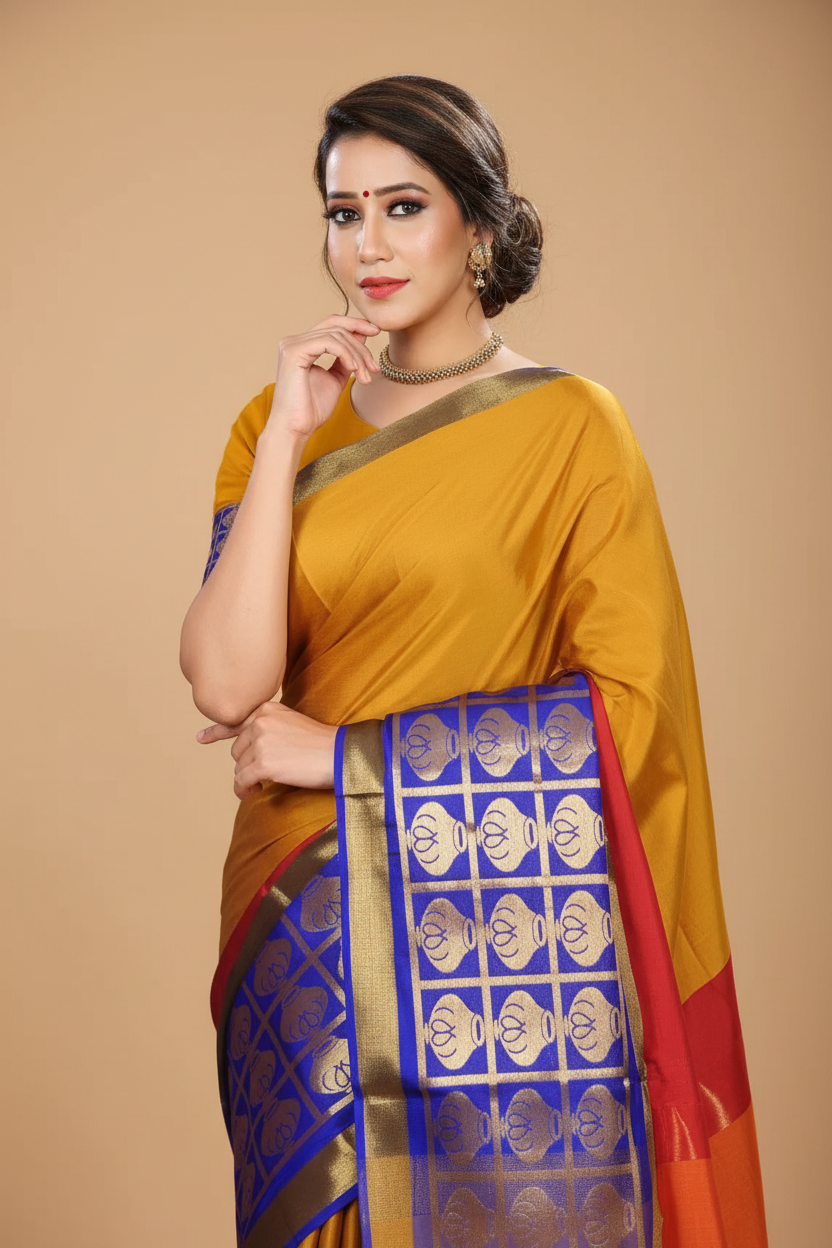 Snuggle Spot Women's Jacquard Woven Saree With Unstitched Blouse 5.5Mtr (Mustard)
