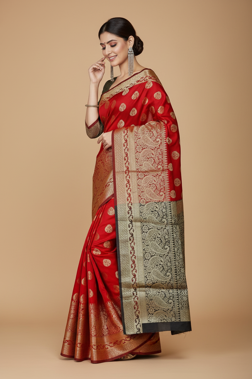 Snuggle Spot Women's Jacquard Woven Saree With Unstitched Blouse 5.5Mtr (Red)