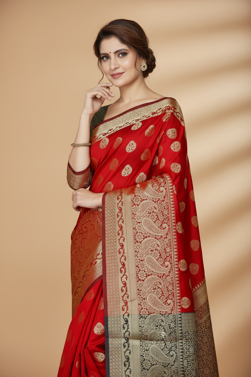 Snuggle Spot Women's Jacquard Woven Saree With Unstitched Blouse 5.5Mtr (Red)