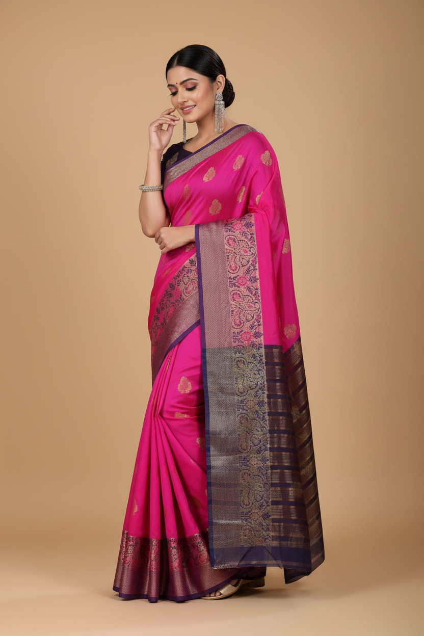Snuggle Spot Women's Silk Blend Woven Saree With Unstitched Blouse 5.5Mtr (Pink)