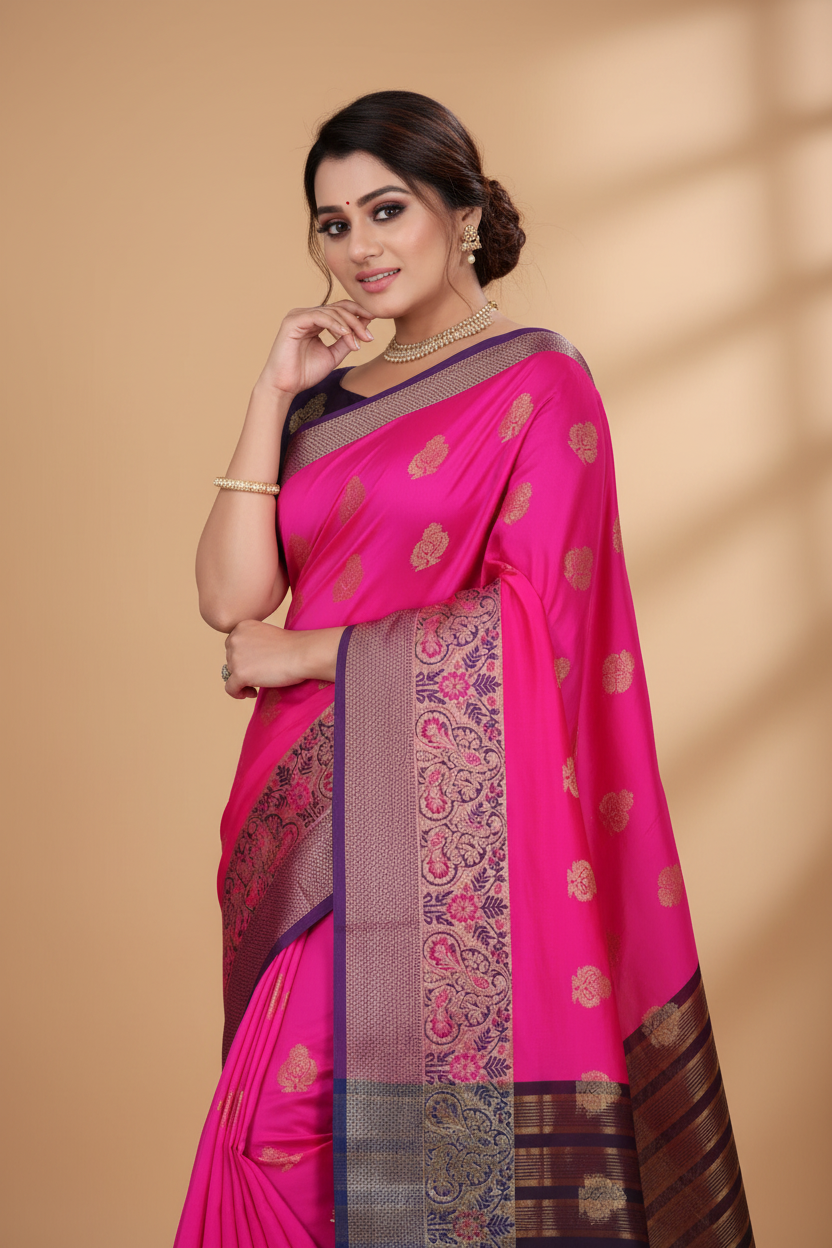 Snuggle Spot Women's Silk Blend Woven Saree With Unstitched Blouse 5.5Mtr (Pink)