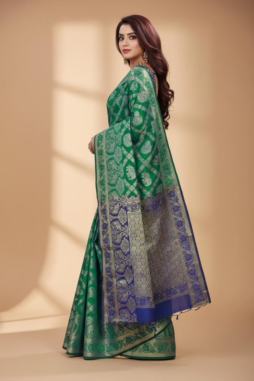 Snuggle Spot Women's Jacquard Woven Saree With Unstitched Blouse 5.5Mtr (Green)