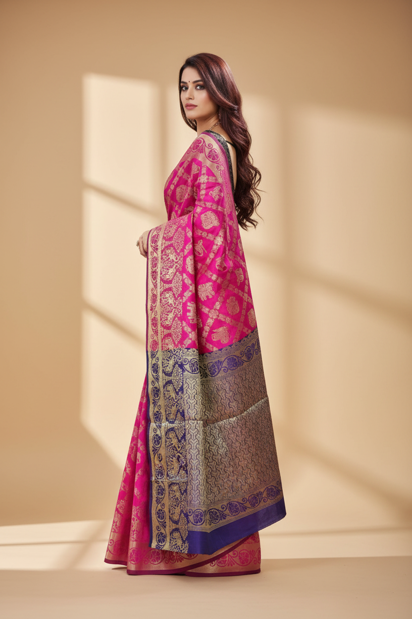Snuggle Spot Women's Jacquard Woven Saree With Unstitched Blouse 5.5Mtr (Pink)