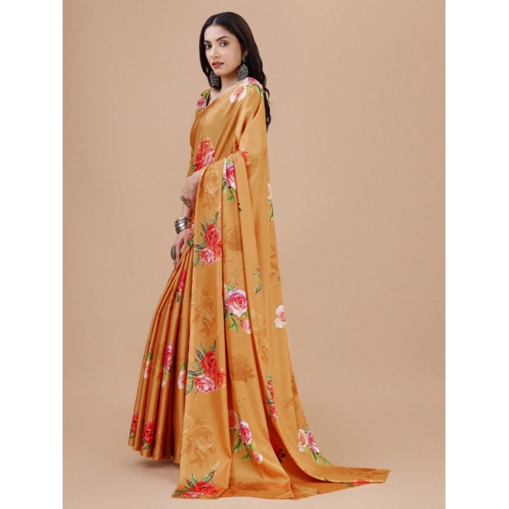Snuggle Spot Women's Crepe Digital Print Saree With Unstitched Blouse 5.5Mtr (Mustard)