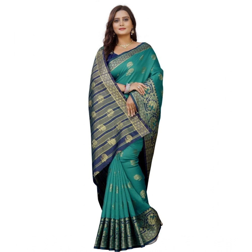 Snuggle Spot Women's Silk Blend Woven Saree With Unstitched Blouse 5.5Mtr (Dark Blue-Green)