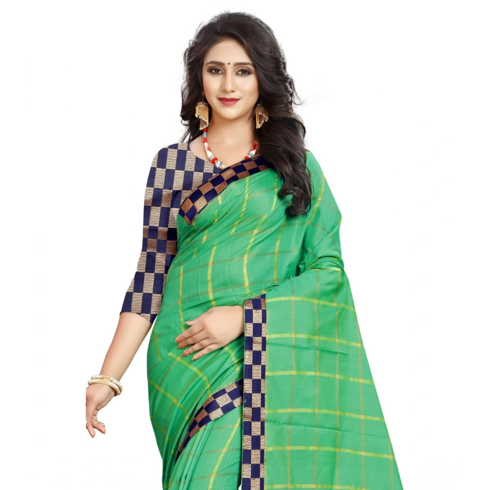 Snuggle Spot Women's Cotton Silk Checkered Saree With Unstitched Blouse 5.5Mtr (Green)
