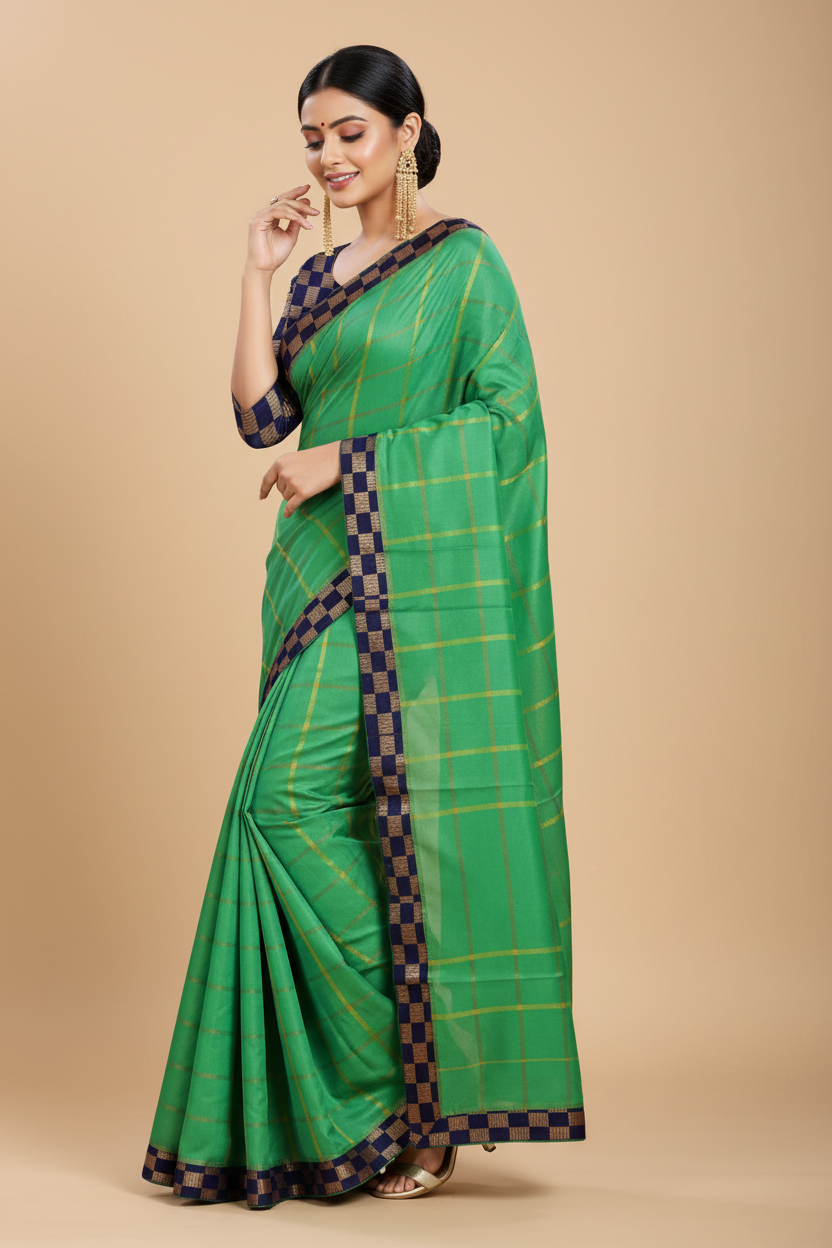 Snuggle Spot Women's Cotton Silk Checkered Saree With Unstitched Blouse 5.5Mtr (Green)