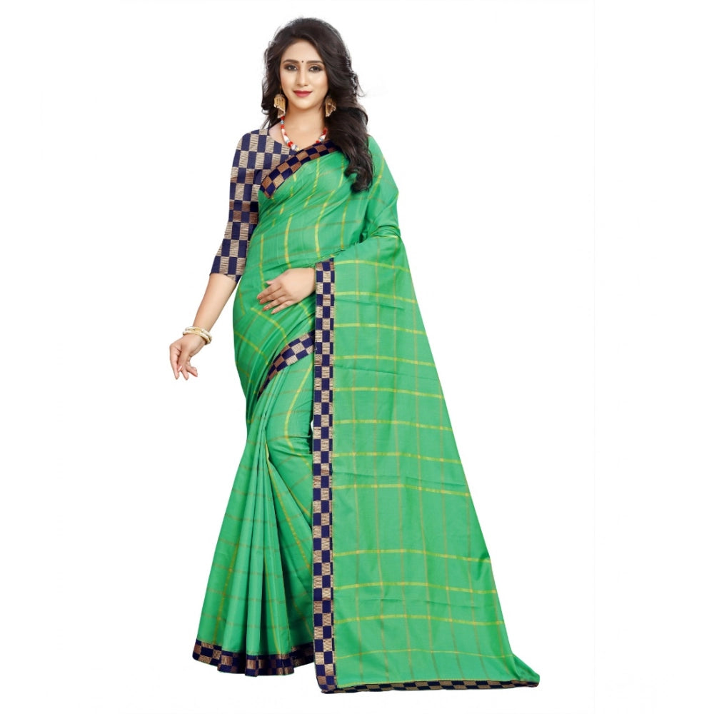 Snuggle Spot Women's Cotton Silk Checkered Saree With Unstitched Blouse 5.5Mtr (Green)