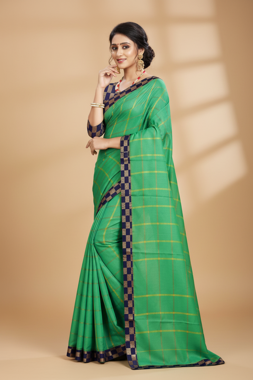 Snuggle Spot Women's Cotton Silk Checkered Saree With Unstitched Blouse 5.5Mtr (Green)