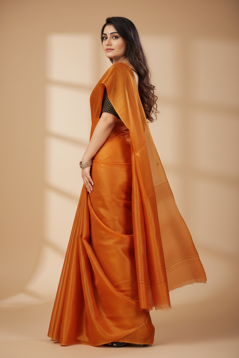 Snuggle Spot Women's Cotton Silk Self Design Saree With Unstitched Blouse 5.5Mtr (Orange)