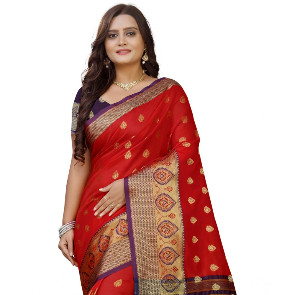 Snuggle Spot Women's Silk Blend Woven Saree With Unstitched Blouse 5.5Mtr (Purple-Red)