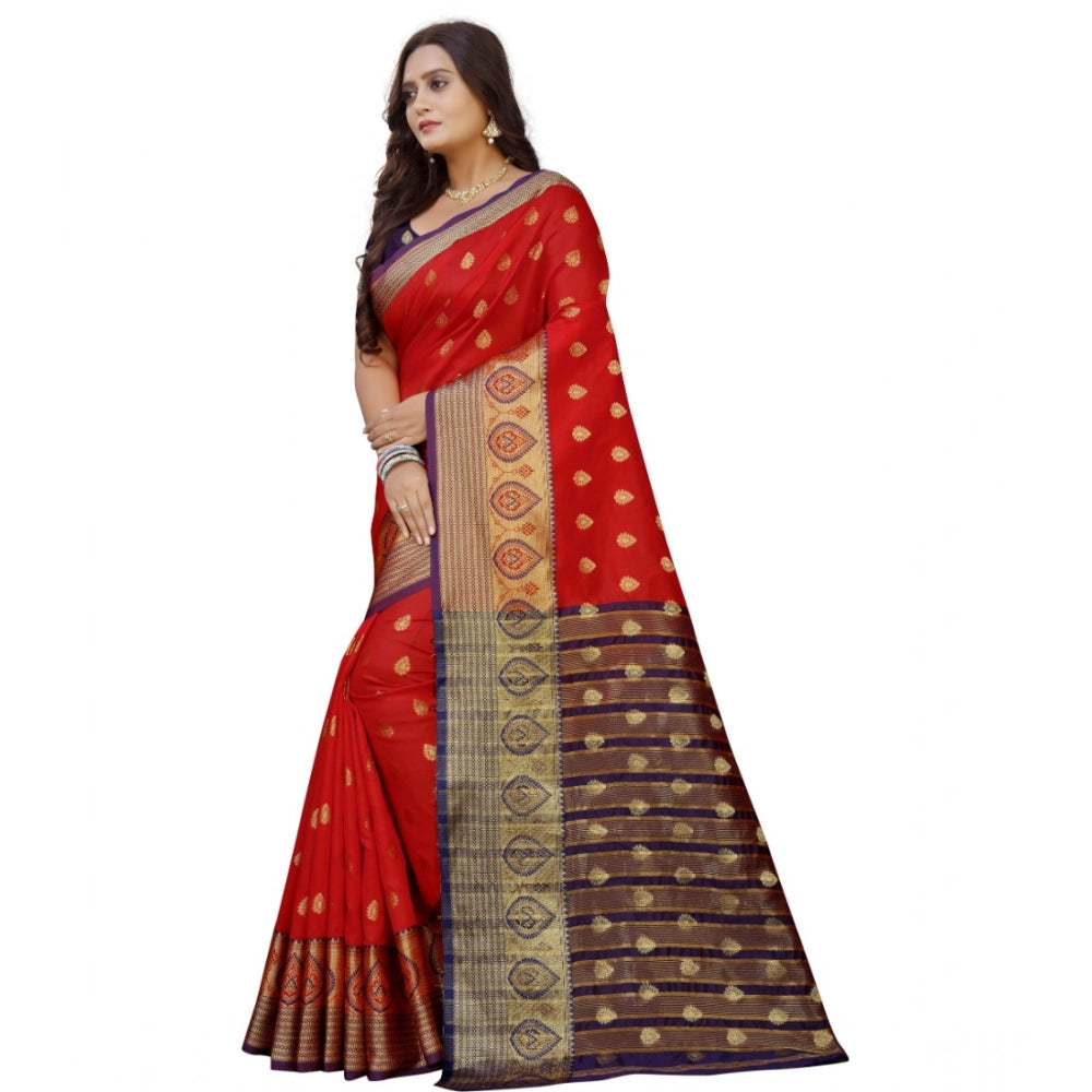 Snuggle Spot Women's Silk Blend Woven Saree With Unstitched Blouse 5.5Mtr (Purple-Red)