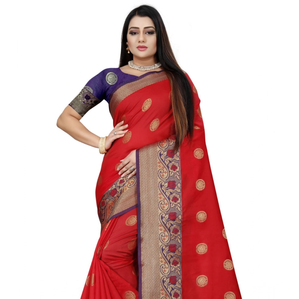 Snuggle Spot Women's Silk Blend Woven Saree With Unstitched Blouse 5.5Mtr (Red-Blue)