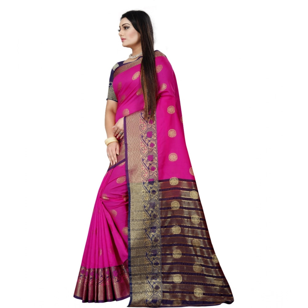 Snuggle Spot Women's Silk Blend Woven Saree With Unstitched Blouse 5.5Mtr (Blue-Pink)