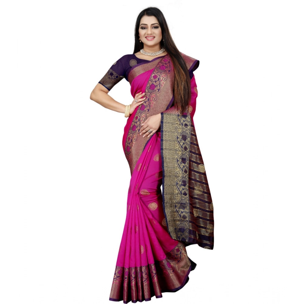 Snuggle Spot Women's Silk Blend Woven Saree With Unstitched Blouse 5.5Mtr (Blue-Pink)