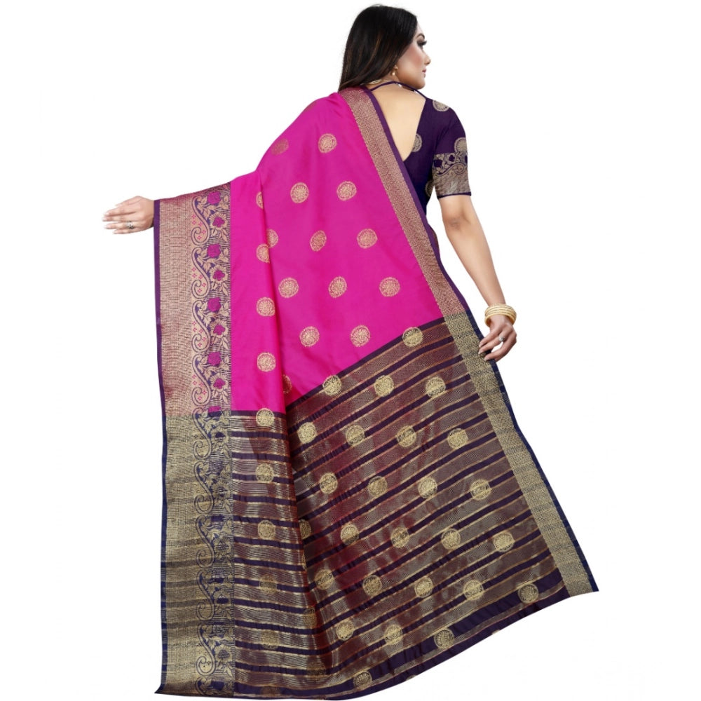 Snuggle Spot Women's Silk Blend Woven Saree With Unstitched Blouse 5.5Mtr (Blue-Pink)