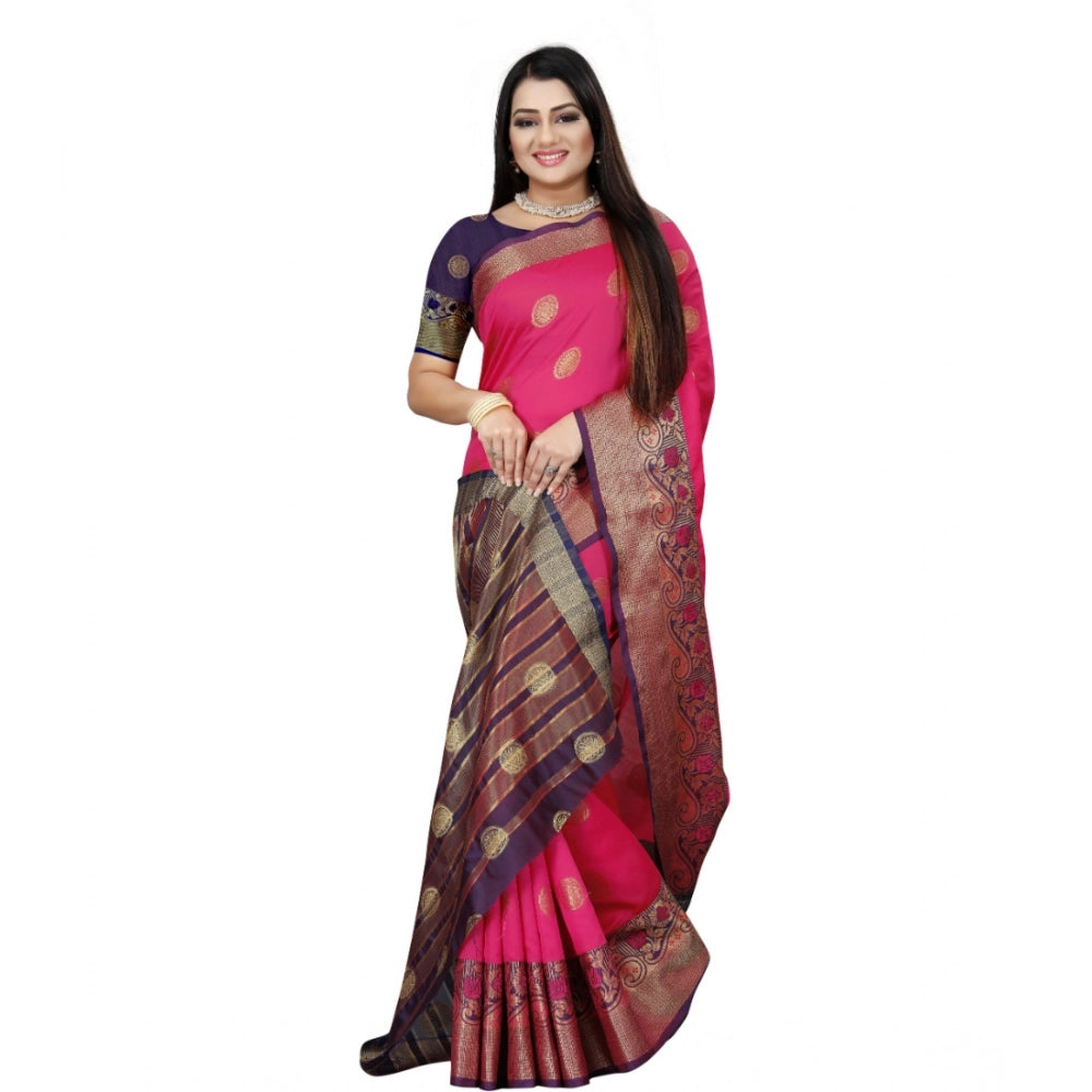 Snuggle Spot Women's Silk Blend Woven Saree With Unstitched Blouse 5.5Mtr (Blue-Pink)