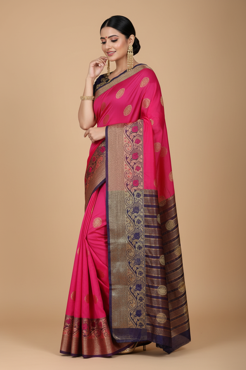 Snuggle Spot Women's Silk Blend Woven Saree With Unstitched Blouse 5.5Mtr (Blue-Pink)