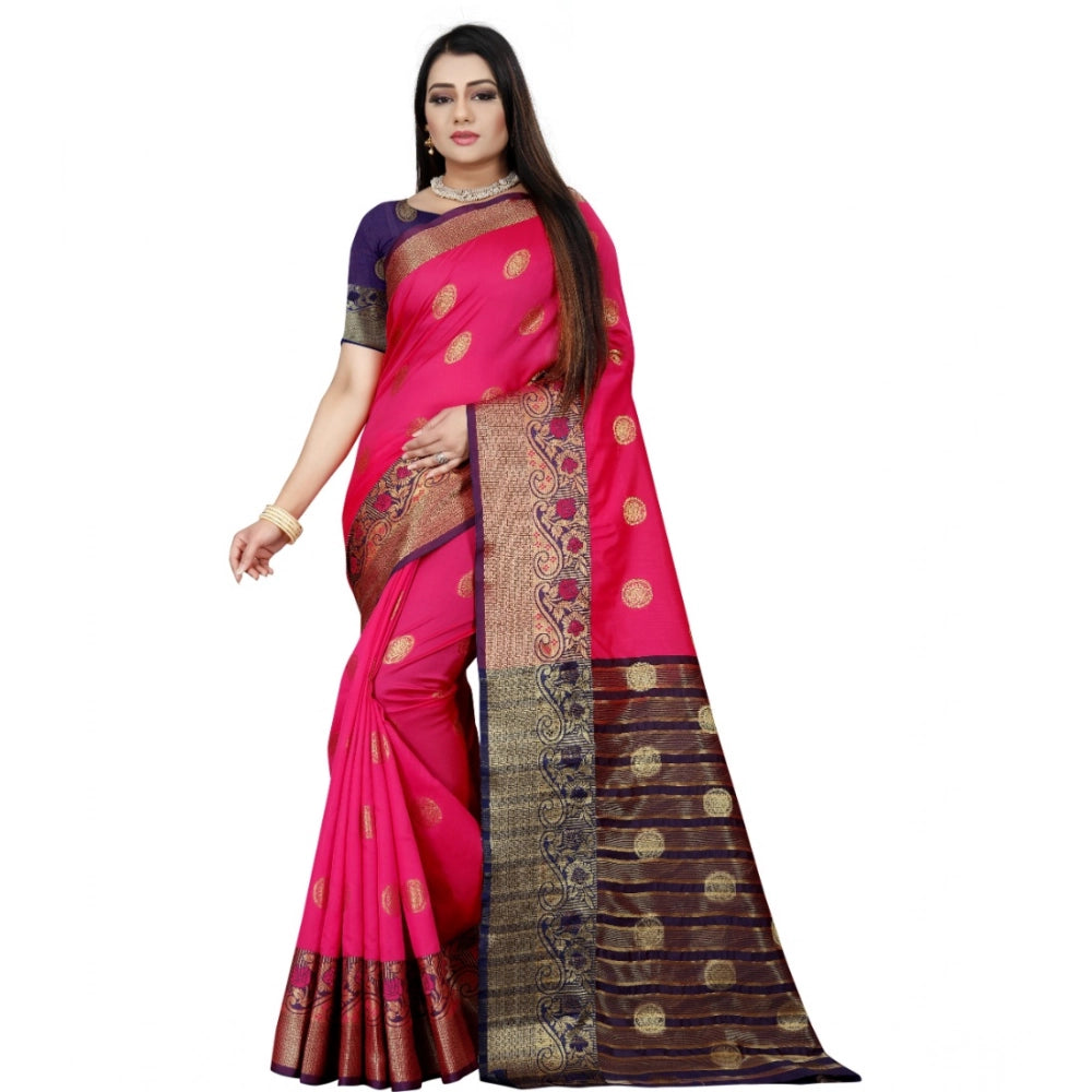 Snuggle Spot Women's Silk Blend Woven Saree With Unstitched Blouse 5.5Mtr (Blue-Pink)