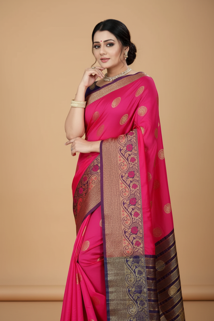 Snuggle Spot Women's Silk Blend Woven Saree With Unstitched Blouse 5.5Mtr (Blue-Pink)