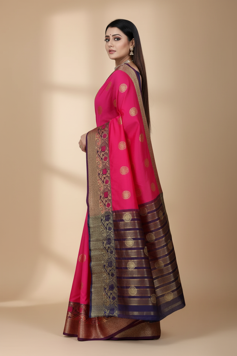 Snuggle Spot Women's Silk Blend Woven Saree With Unstitched Blouse 5.5Mtr (Blue-Pink)