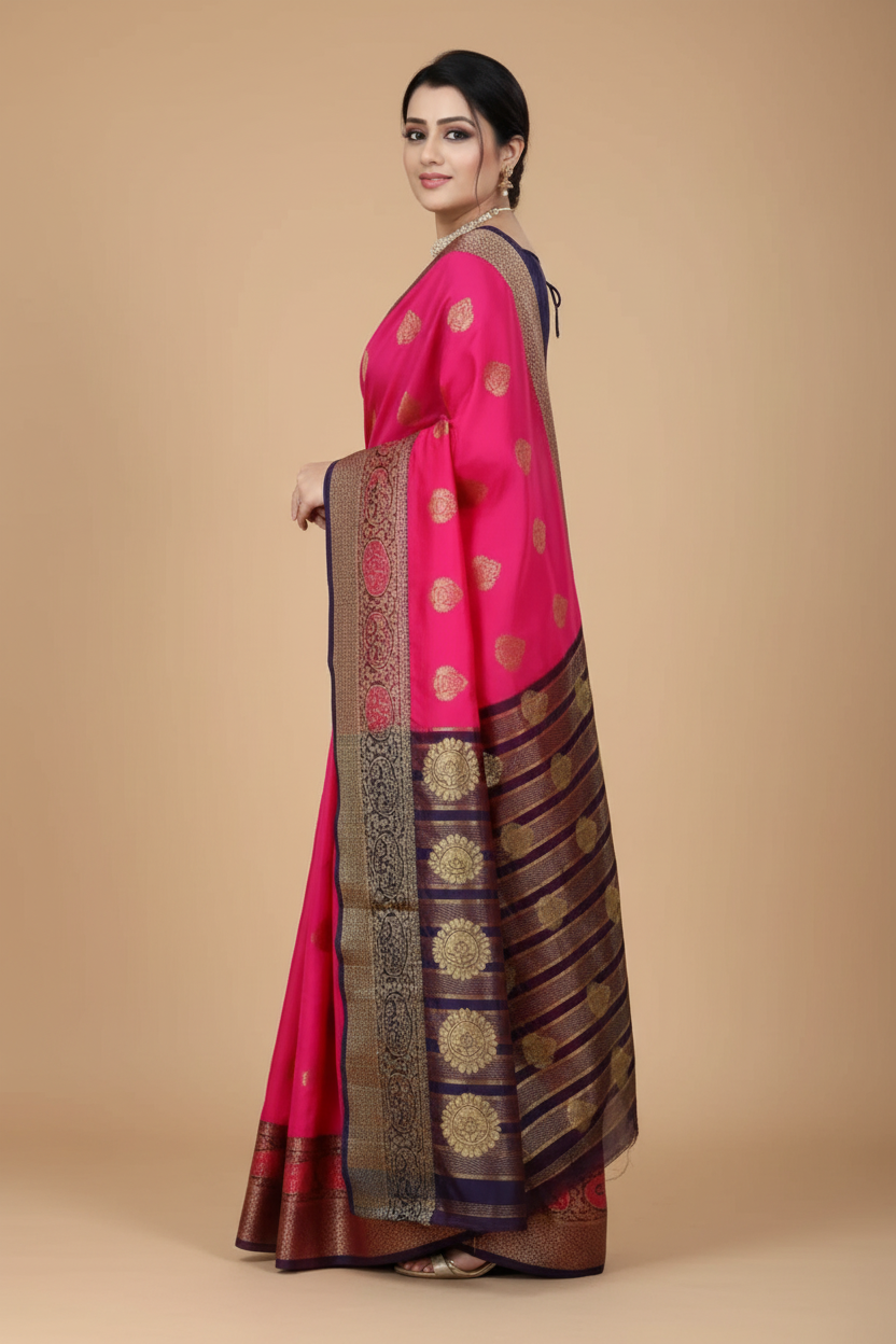 Snuggle Spot Women's Silk Blend Woven Saree With Unstitched Blouse 5.5Mtr (Purple-Pink)