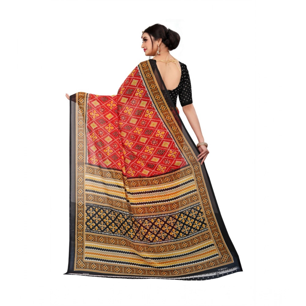 Snuggle Spot Women's Georgette Floral Print Saree With Unstitched Blouse 5.5Mtr (Red)