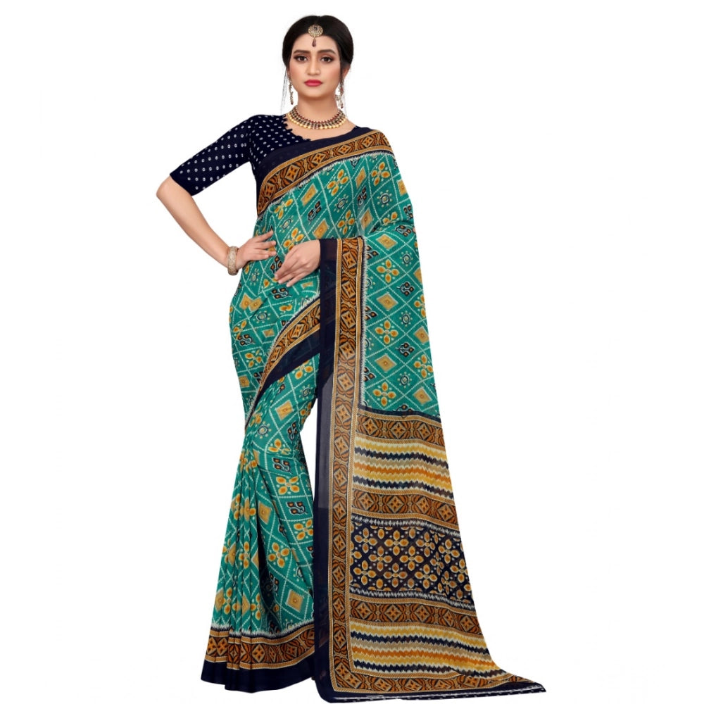 Snuggle Spot Women's Georgette Floral Print Saree With Unstitched Blouse 5.5Mtr (Dark Green)
