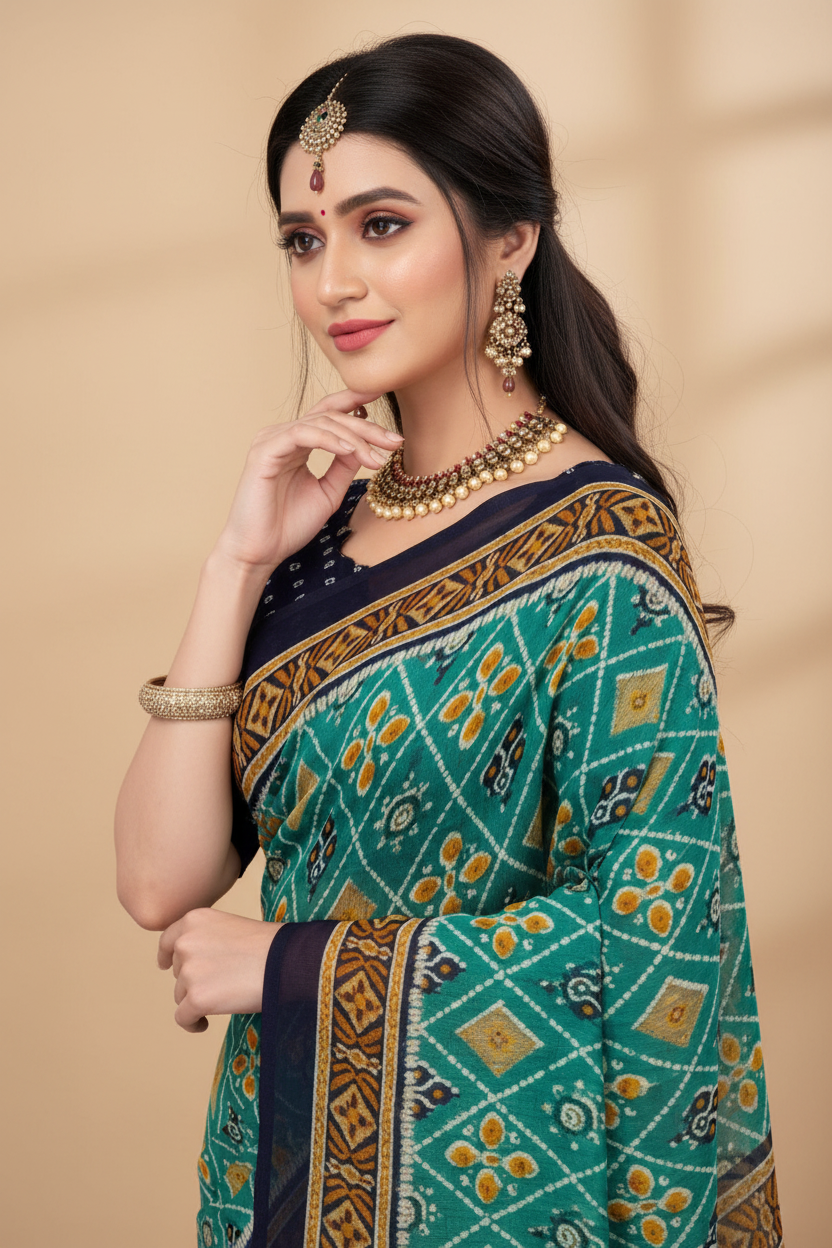 Snuggle Spot Women's Georgette Floral Print Saree With Unstitched Blouse 5.5Mtr (Dark Green)
