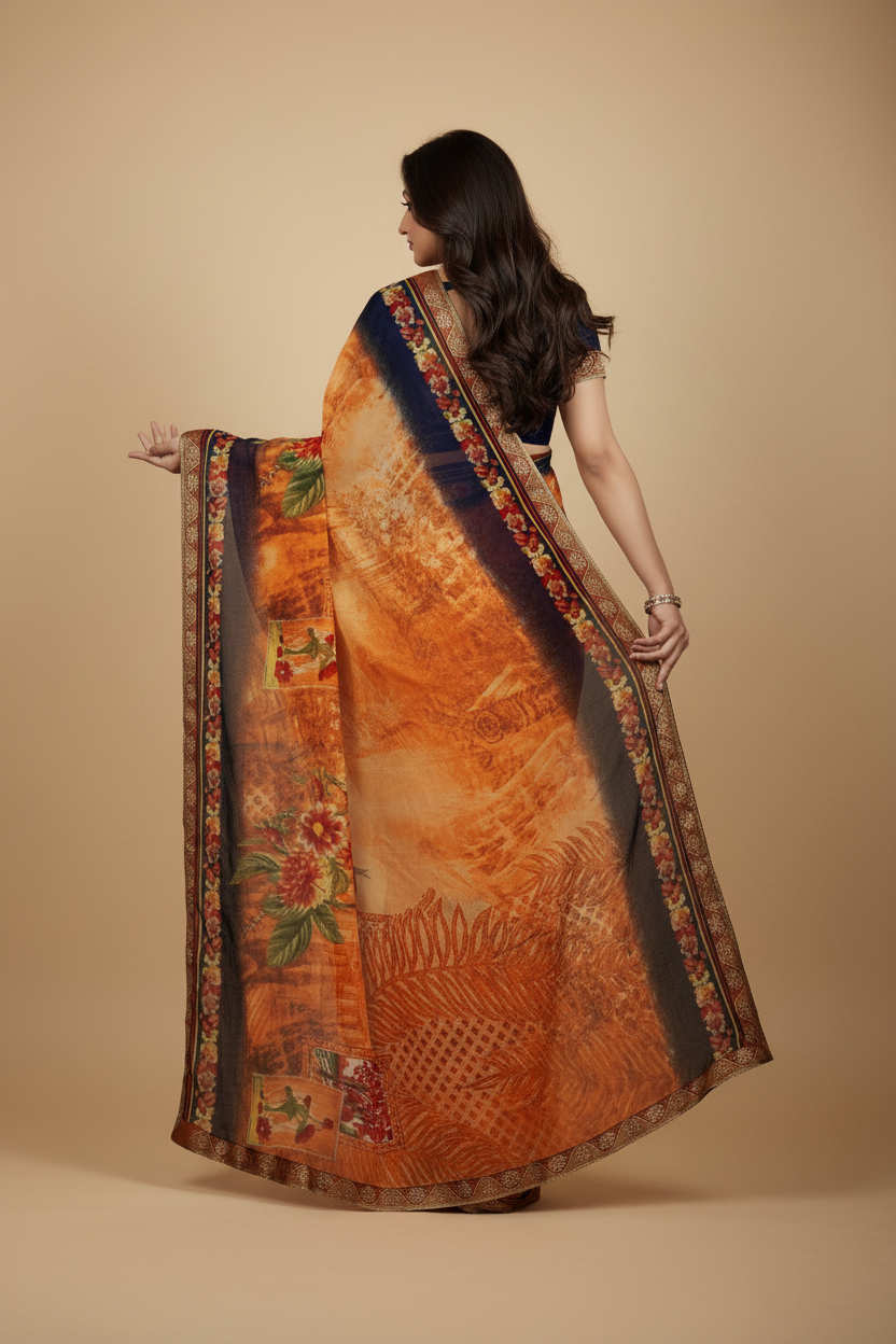 Snuggle Spot Women's Georgette Floral Print Saree With Unstitched Blouse 5.5Mtr (Blue-Orange)